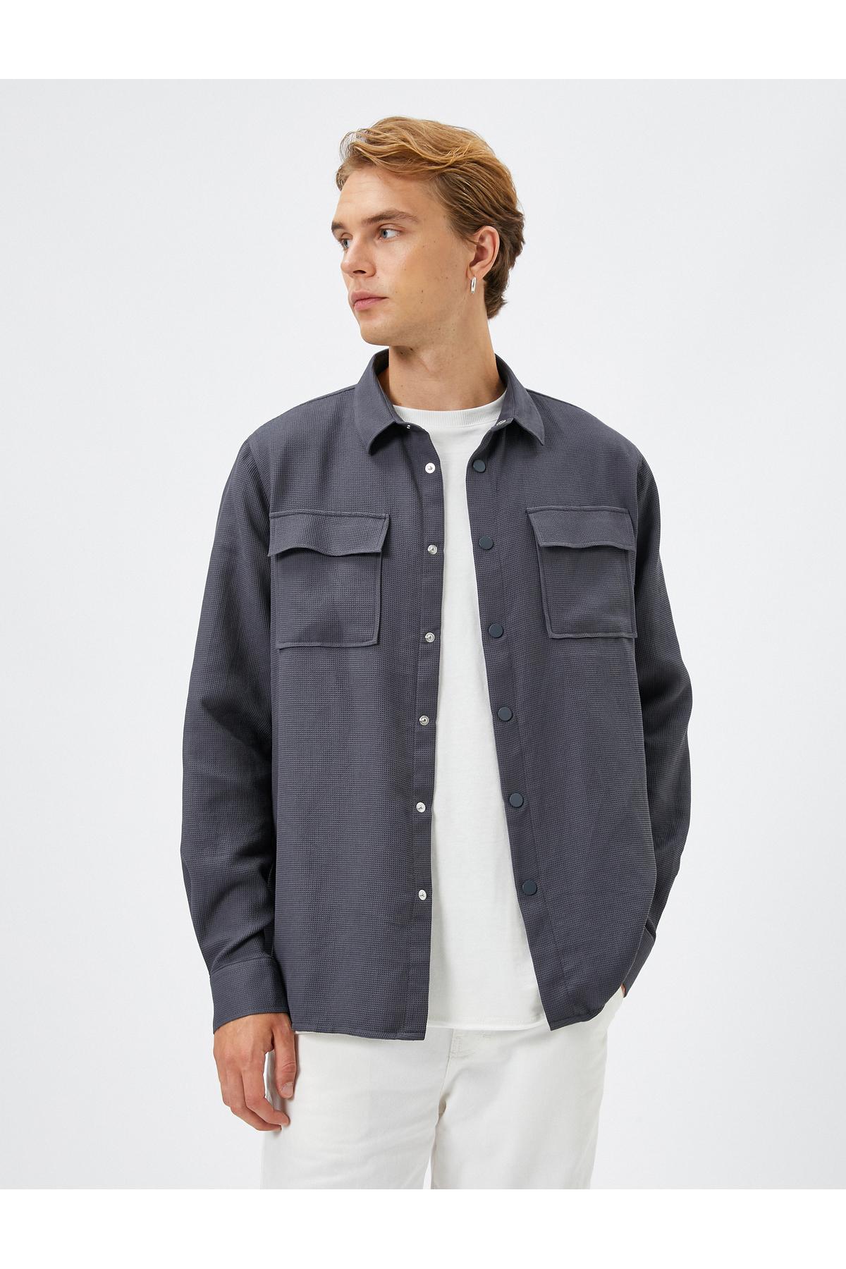 آستین بلند یقه کلاسیک با دکمه جیبی جیبی اسپرت