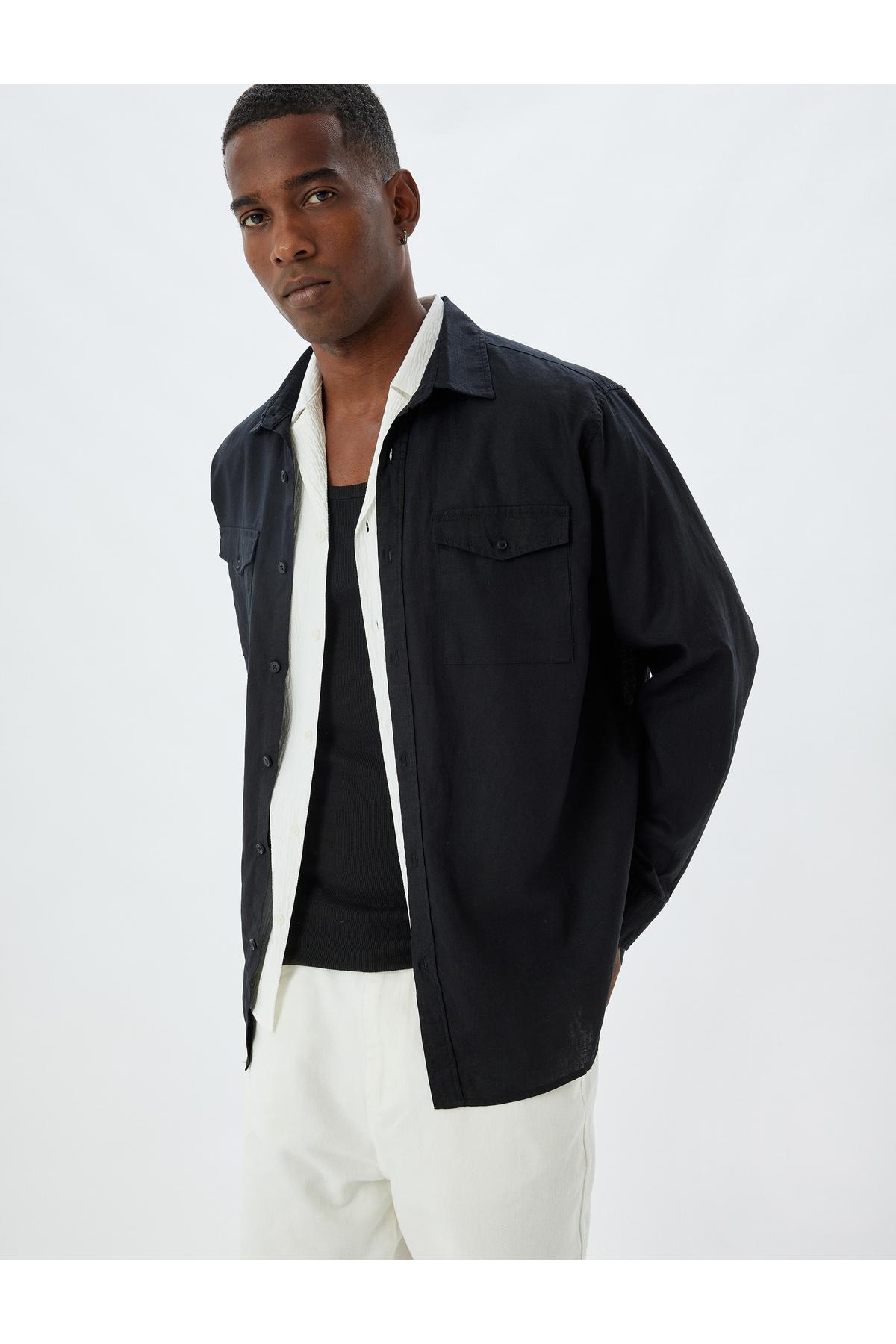 کتانی ترکیبی پیراهن آستین بلند جزئیات جیب فلپ