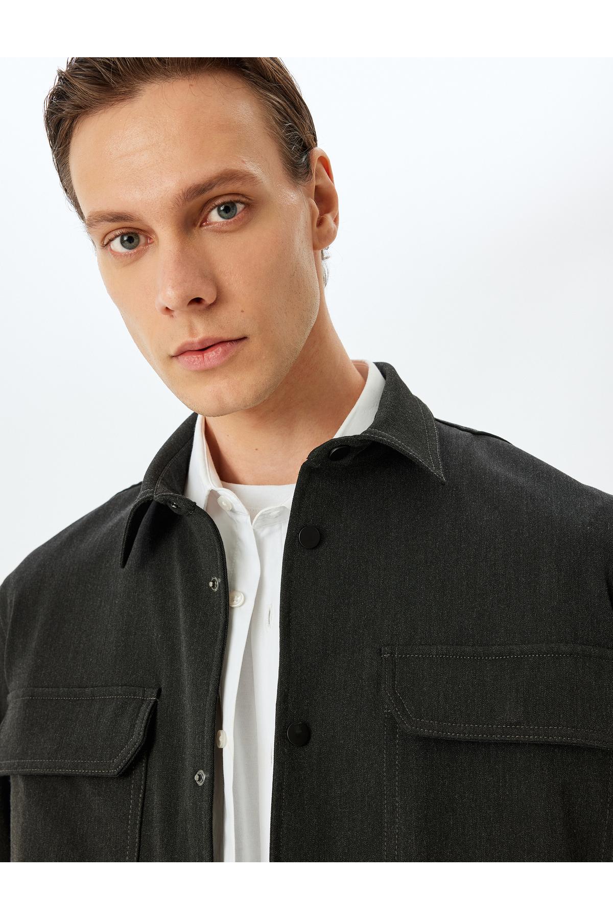 دکمه Citçit با جزئیات کت و شلوار پیراهن جیب درب مخلوط ویسکوز